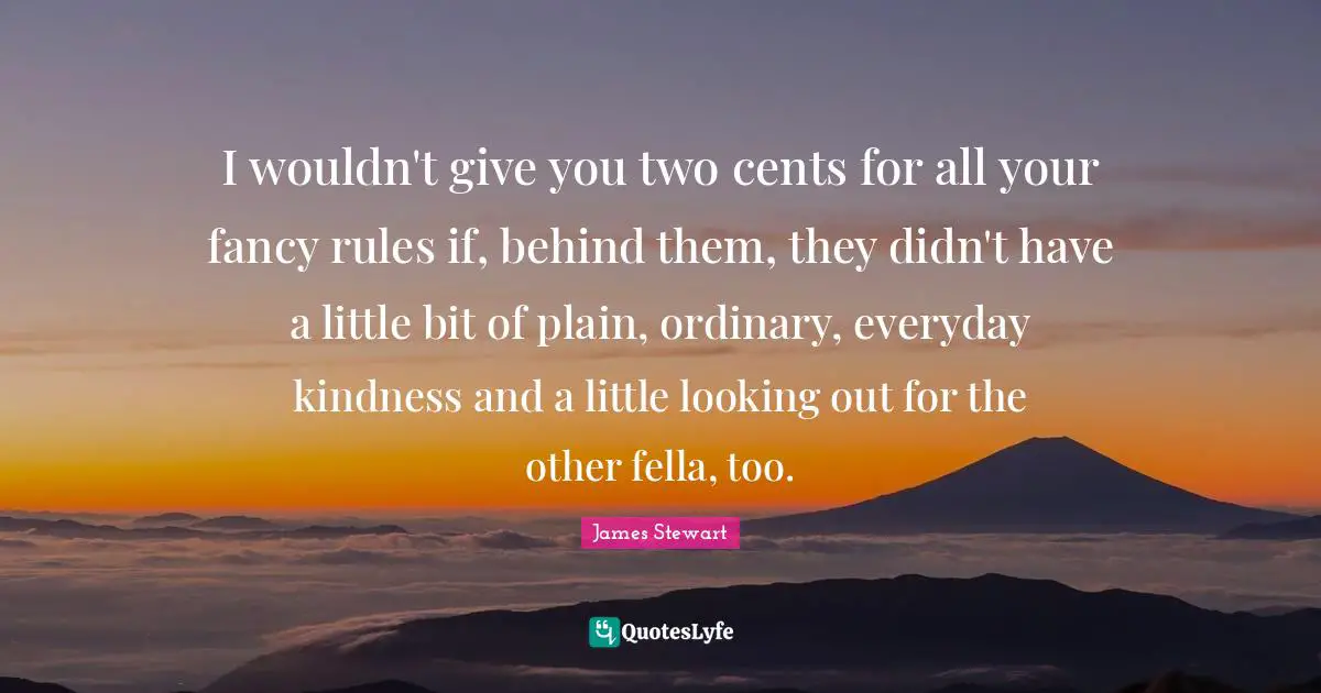 James Stewart Quotes: I wouldn't give you two cents for all your fancy rules if, behind them, they didn't have a little bit of plain, ordinary, everyday kindness and a little looking out for the other fella, too.