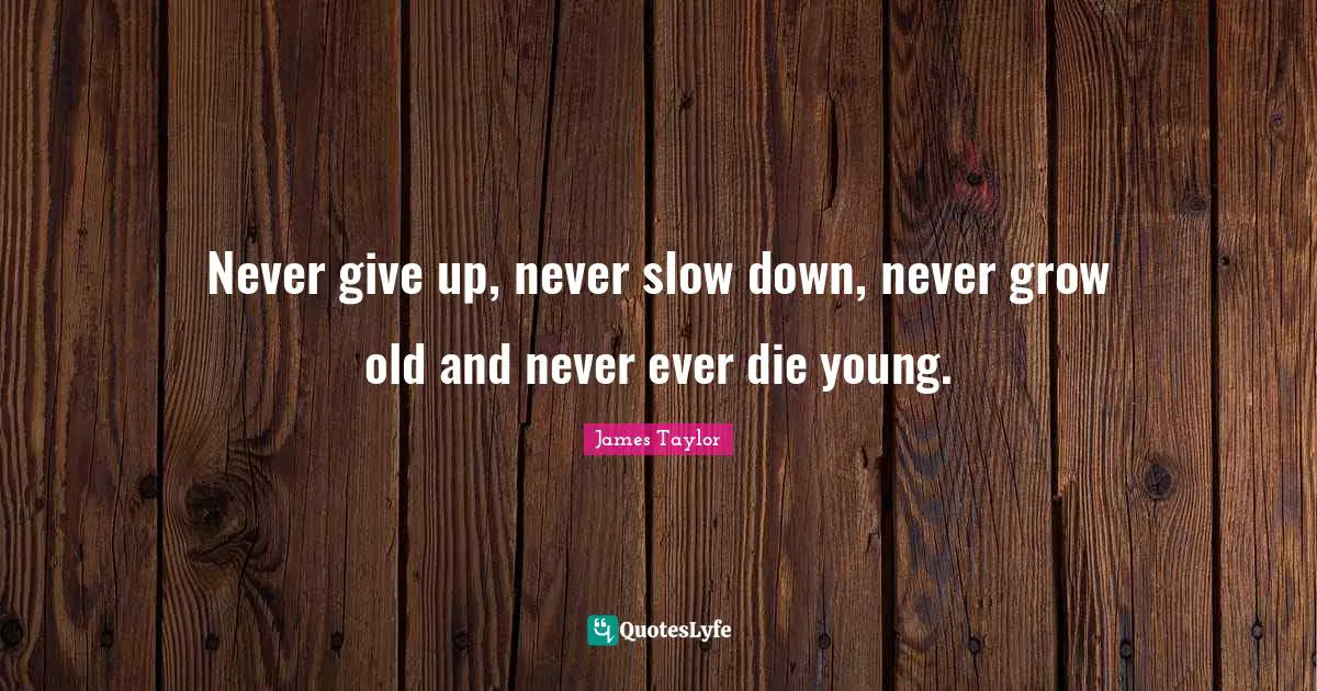 James Taylor Quotes: "Never give up, never slow down, never grow old and never ever die young."