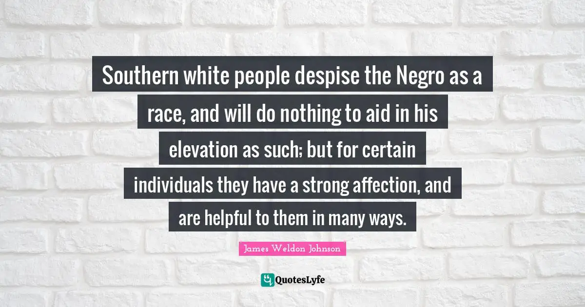 Southern white people despise the Negro as a race, and will do nothing to aid in his elevation as such; but for certain individuals they have a strong affection, and are helpful to them in many ways.