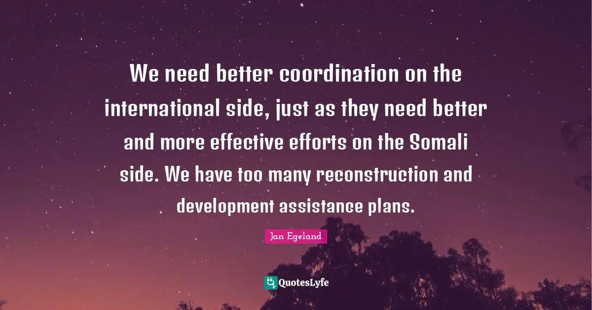 We need better coordination on the international side, just as they need better and more effective efforts on the Somali side. We have too many reconstruction and development assistance plans.