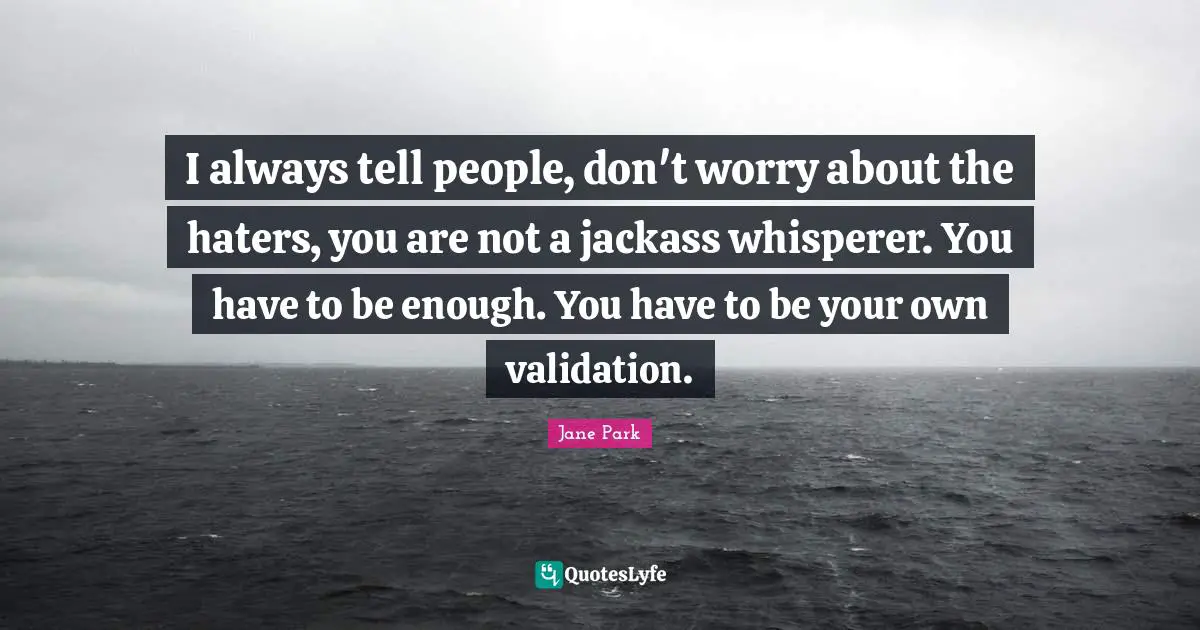 I always tell people, don't worry about the haters, you are not a jackass whisperer. You have to be enough. You have to be your own validation.