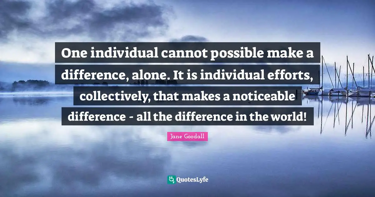 One individual cannot possible make a difference, alone. It is individual efforts, collectively, that makes a noticeable difference - all the difference in the world!