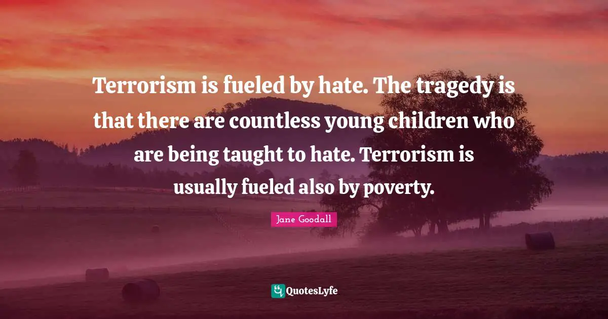 Terrorism is fueled by hate. The tragedy is that there are countless young children who are being taught to hate. Terrorism is usually fueled also by poverty.