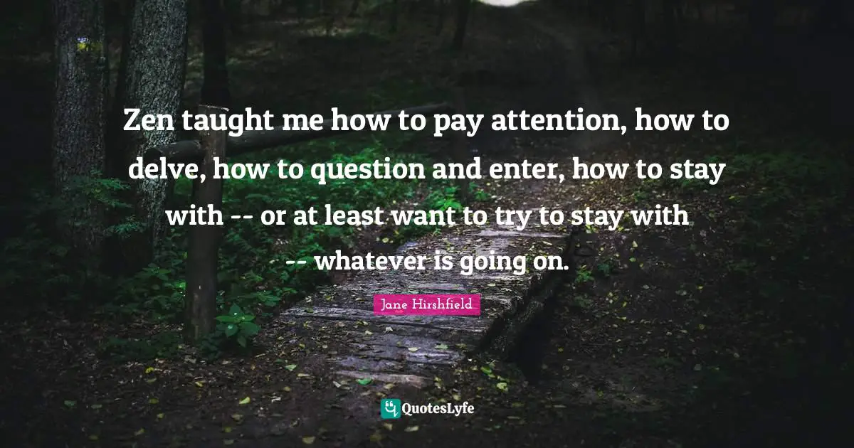 Zen taught me how to pay attention, how to delve, how to question and enter, how to stay with -- or at least want to try to stay with -- whatever is going on.
