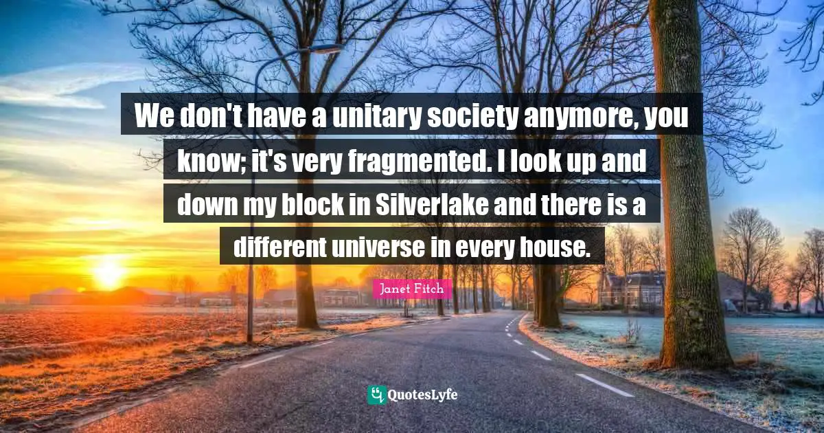 We don't have a unitary society anymore, you know; it's very fragmented. I look up and down my block in Silverlake and there is a different universe in every house.