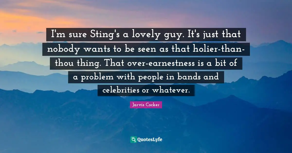 I'm sure Sting's a lovely guy. It's just that nobody wants to be seen as that holier-than-thou thing. That over-earnestness is a bit of a problem with people in bands and celebrities or whatever.