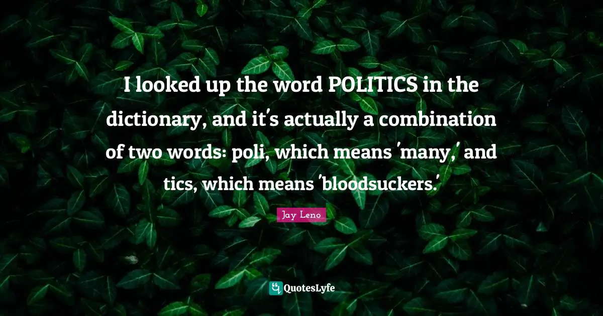 I looked up the word POLITICS in the dictionary, and it's actually a combination of two words: poli, which means 'many,' and tics, which means 'bloodsuckers.'