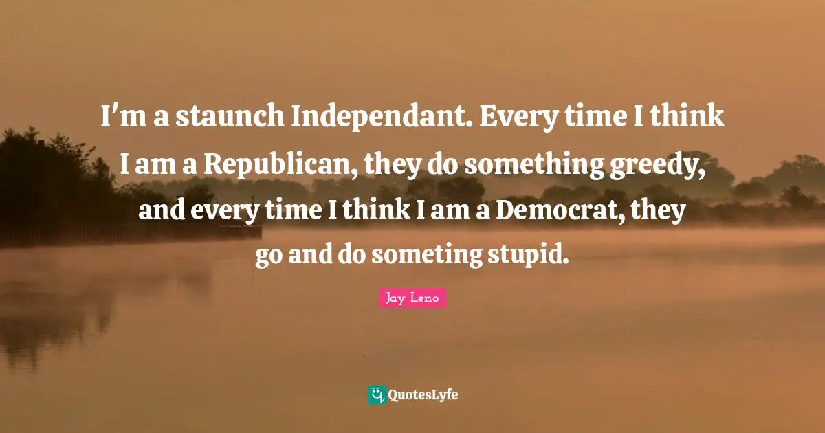 I'm a staunch Independant. Every time I think I am a Republican, they do something greedy, and every time I think I am a Democrat, they go and do someting stupid.
