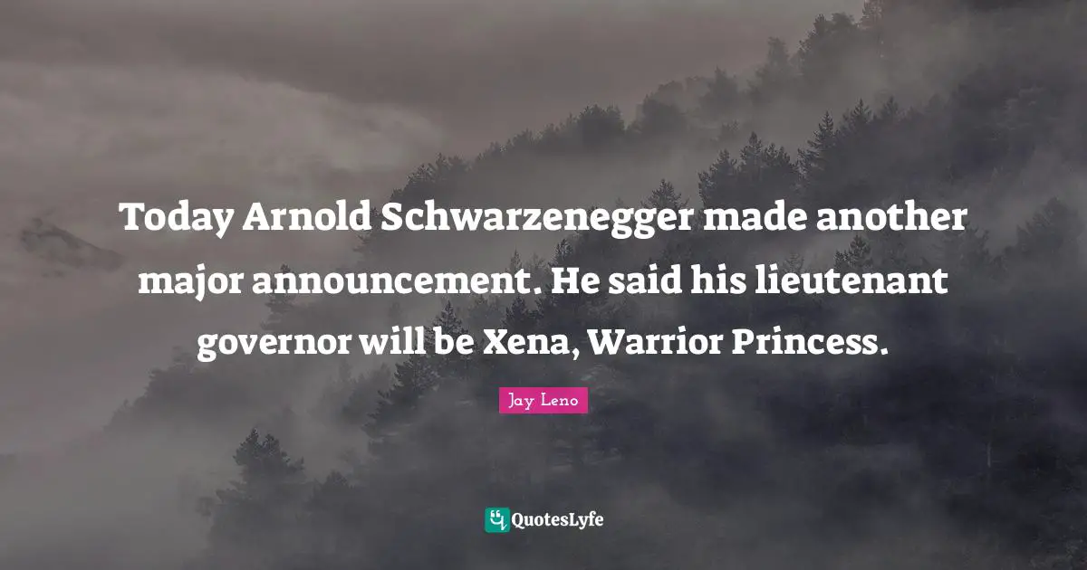 Today Arnold Schwarzenegger made another major announcement. He said his lieutenant governor will be Xena, Warrior Princess.