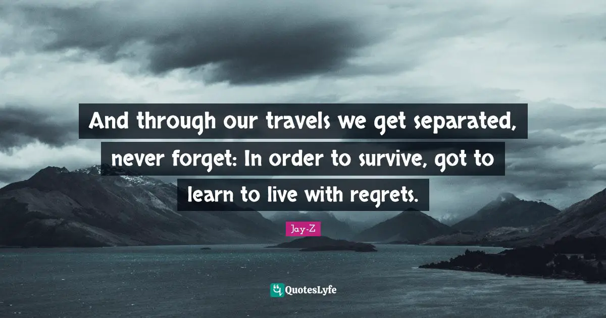 And through our travels we get separated, never forget: In order to survive, got to learn to live with regrets.