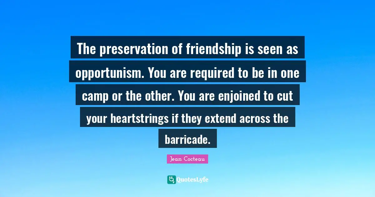 The preservation of friendship is seen as opportunism. You are required to be in one camp or the other. You are enjoined to cut your heartstrings if they extend across the barricade.