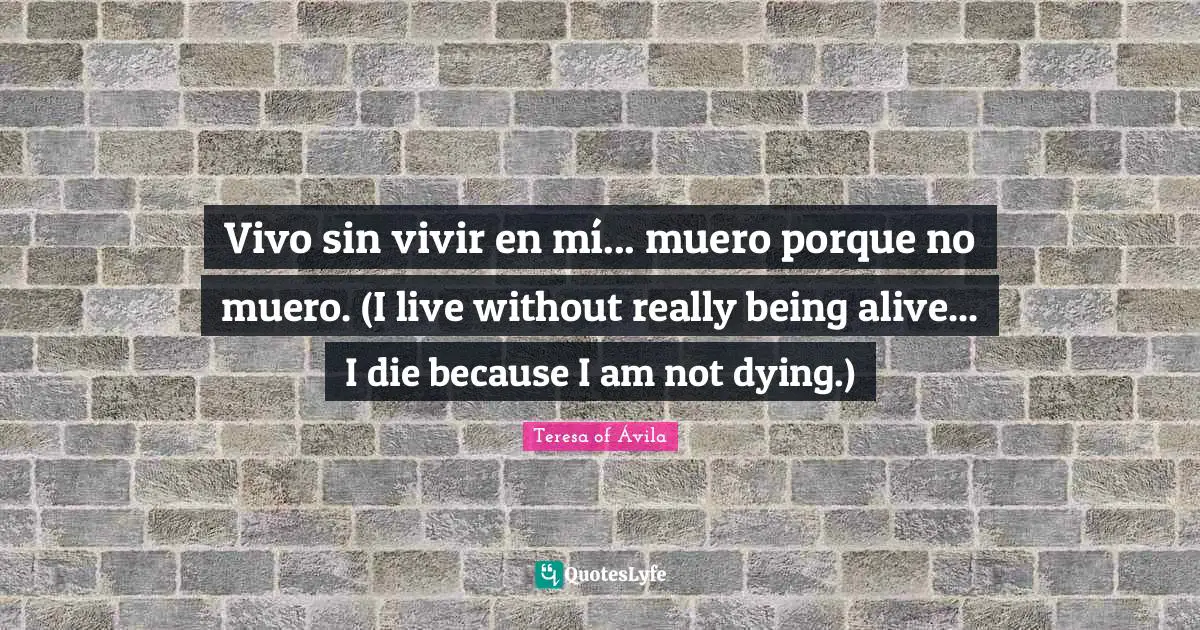 Vivo sin vivir en mí... muero porque no muero. (I live without really being alive... I die because I am not dying.)