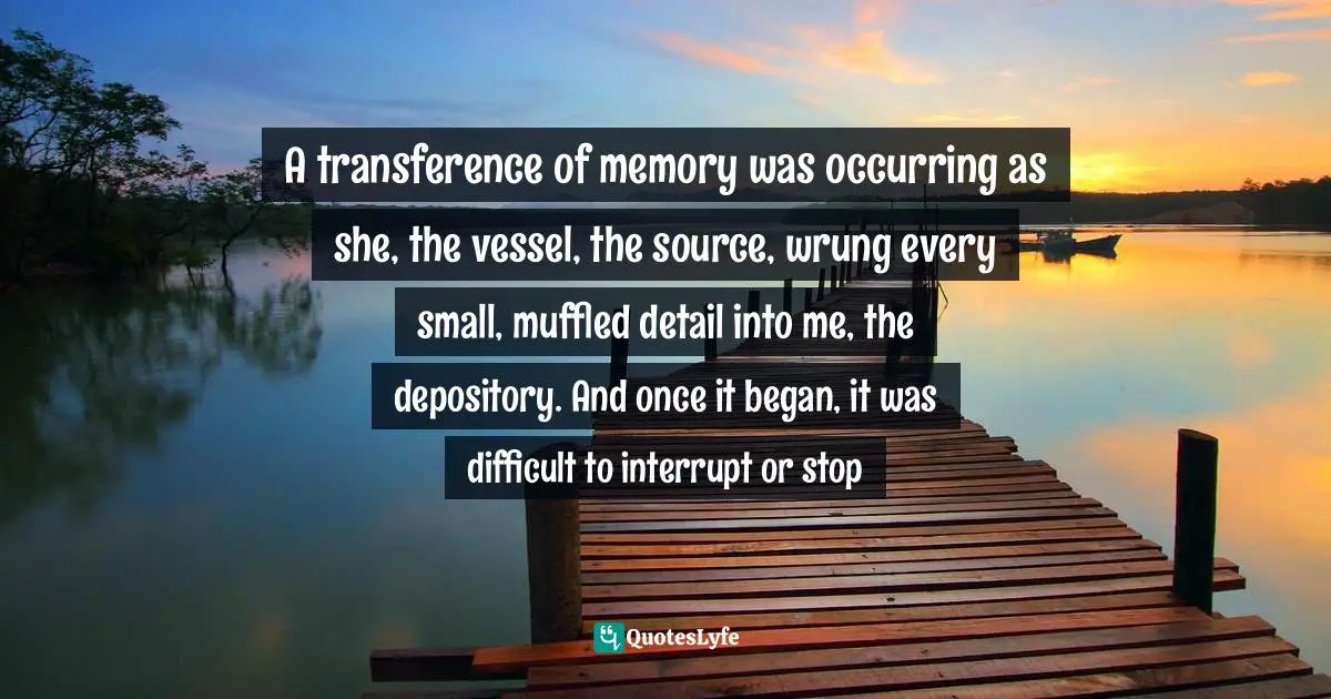 A transference of memory was occurring as she, the vessel, the source, wrung every small, muffled detail into me, the depository. And once it began, it was difficult to interrupt or stop
