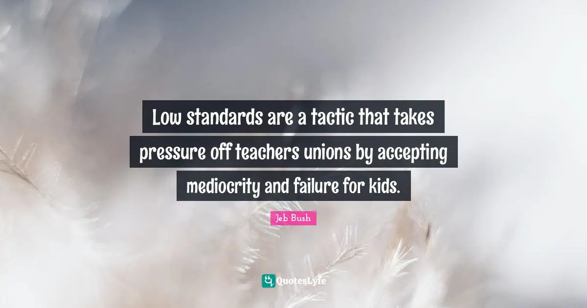 Jeb Bush Quotes: "Low standards are a tactic that takes pressure off teachers unions by accepting mediocrity and failure for kids."