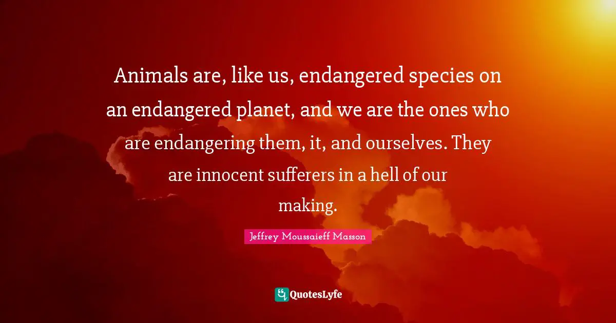 Animals are, like us, endangered species on an endangered planet, and we are the ones who are endangering them, it, and ourselves. They are innocent sufferers in a hell of our making.
