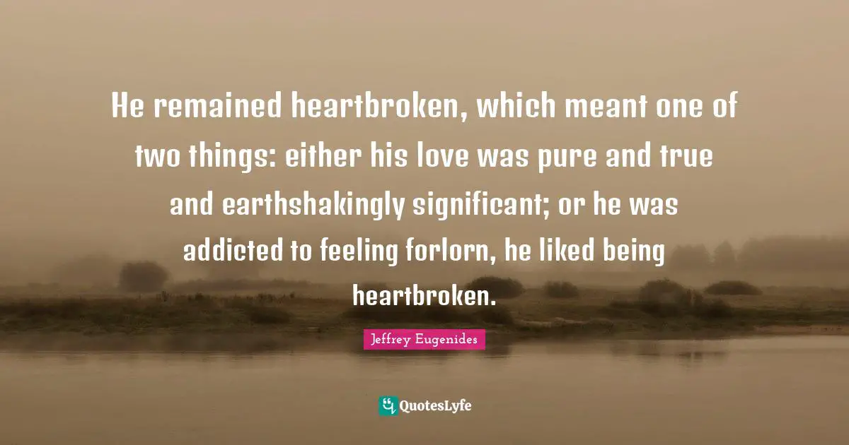 He remained heartbroken, which meant one of two things: either his love was pure and true and earthshakingly significant; or he was addicted to feeling forlorn, he liked being heartbroken.