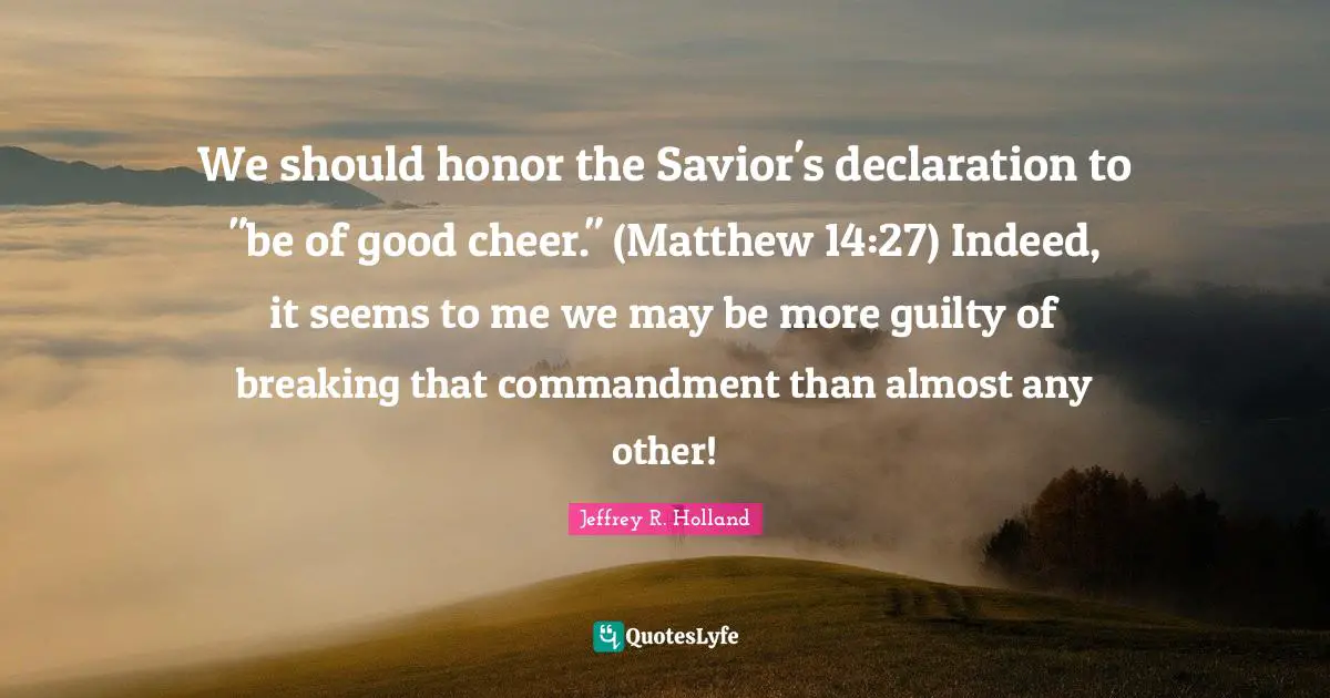 We should honor the Savior's declaration to "be of good cheer." (Matthew 14:27) Indeed, it seems to me we may be more guilty of breaking that commandment than almost any other!