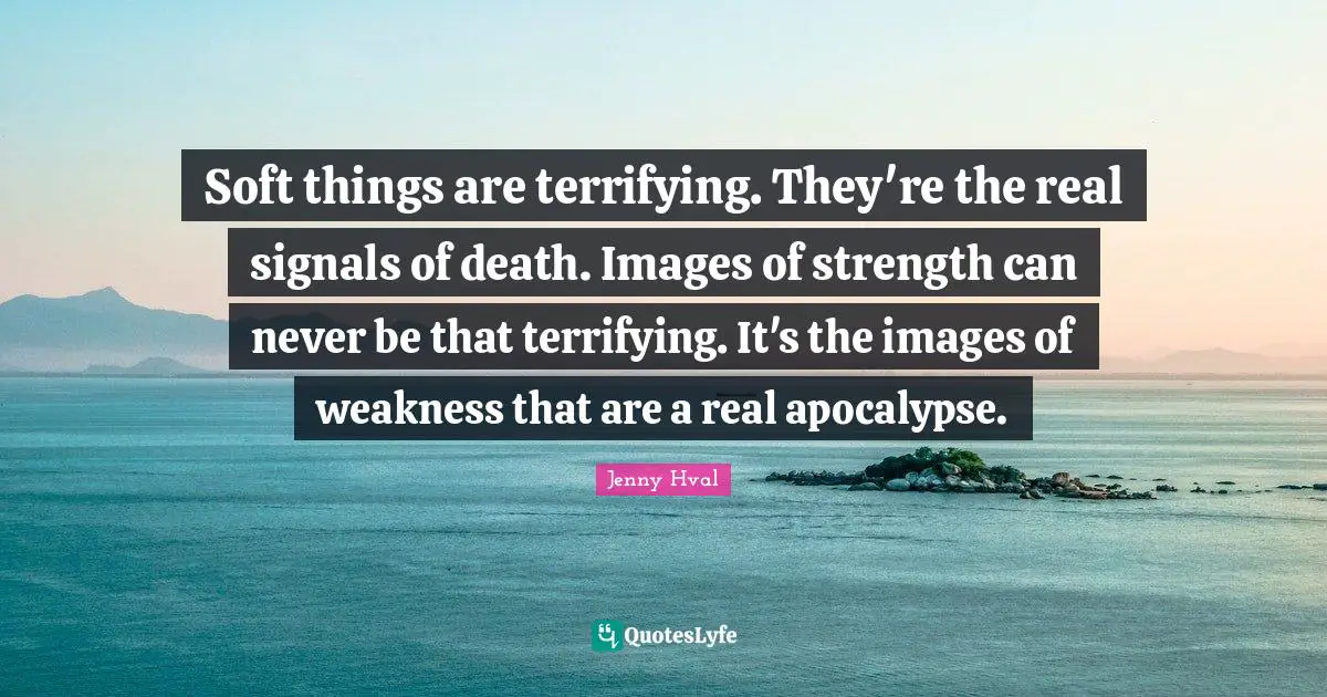 Soft things are terrifying. They're the real signals of death. Images of strength can never be that terrifying. It's the images of weakness that are a real apocalypse.