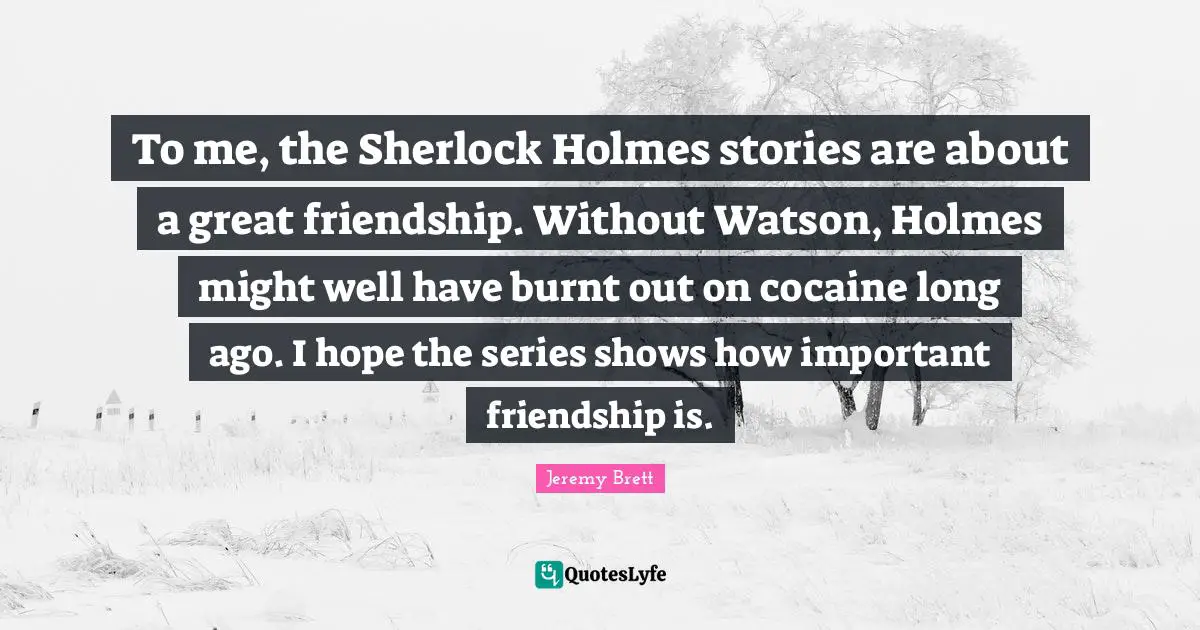 To me, the Sherlock Holmes stories are about a great friendship. Without Watson, Holmes might well have burnt out on cocaine long ago. I hope the series shows how important friendship is.