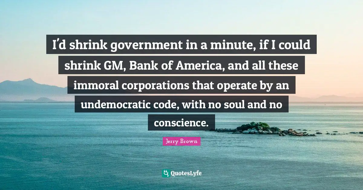 I'd shrink government in a minute, if I could shrink GM, Bank of America, and all these immoral corporations that operate by an undemocratic code, with no soul and no conscience.