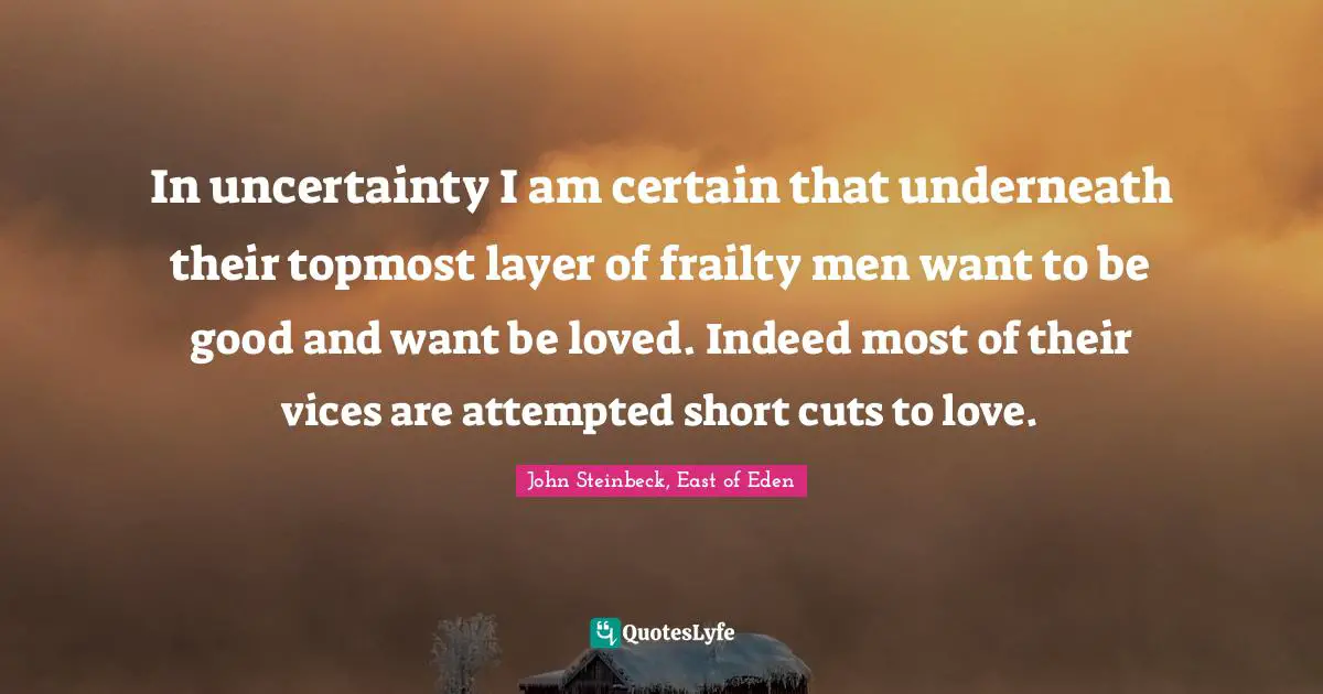 In uncertainty I am certain that underneath their topmost layer of frailty men want to be good and want be loved. Indeed most of their vices are attempted short cuts to love.