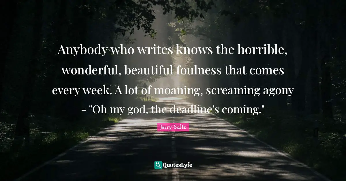 Anybody who writes knows the horrible, wonderful, beautiful foulness that comes every week. A lot of moaning, screaming agony - "Oh my god, the deadline's coming."