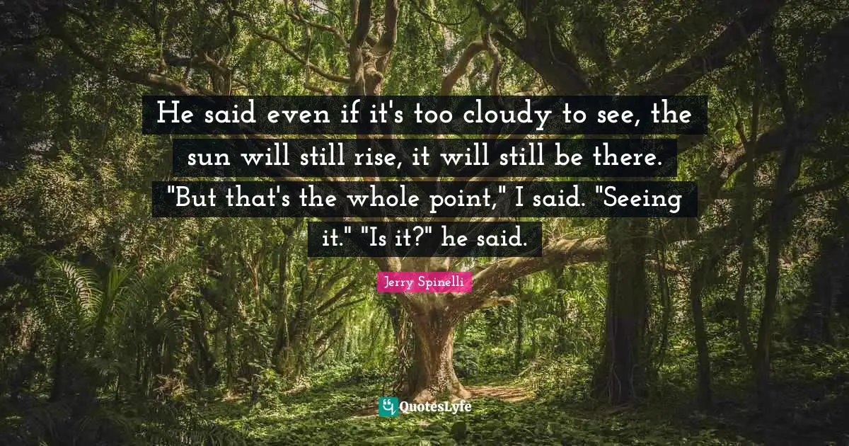 He said even if it's too cloudy to see, the sun will still rise, it will still be there. "But that's the whole point," I said. "Seeing it." "Is it?" he said.