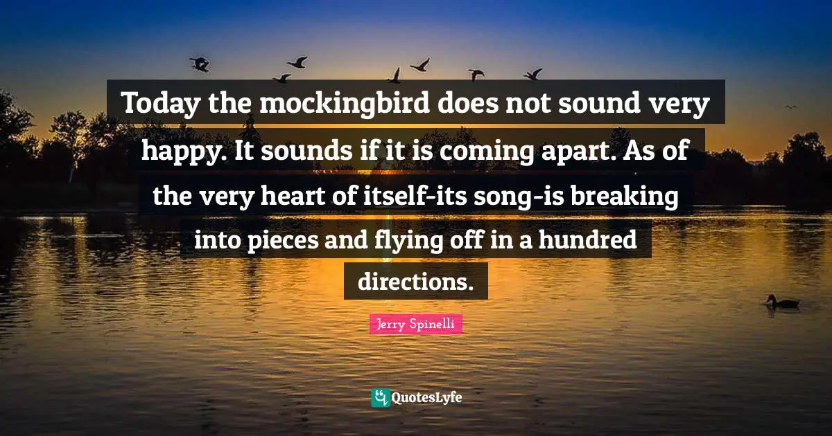 Mockingbird Quotes: "Today the mockingbird does not sound very happy. It sounds if it is coming apart. As of the very heart of itself-its song-is breaking into pieces and flying off in a hundred directions."