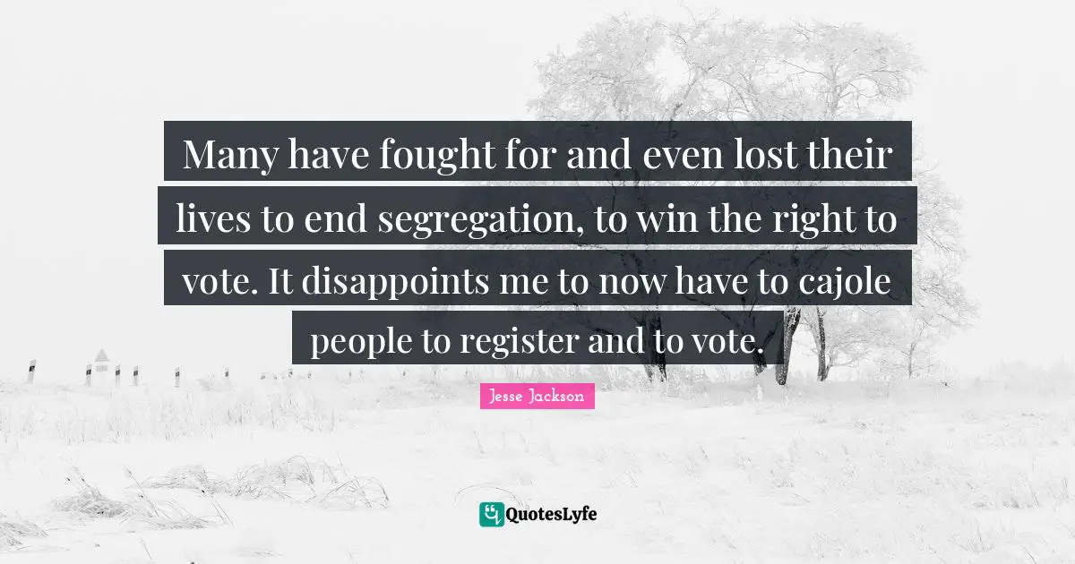 Many have fought for and even lost their lives to end segregation, to win the right to vote. It disappoints me to now have to cajole people to register and to vote.