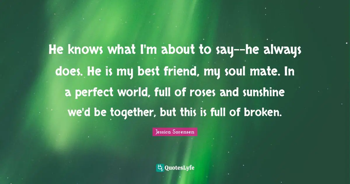 He knows what I'm about to say--he always does. He is my best friend, my soul mate. In a perfect world, full of roses and sunshine we'd be together, but this is full of broken.