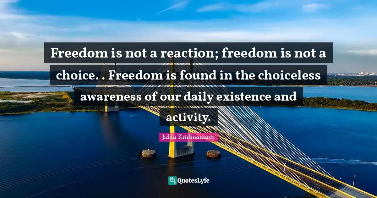 Freedom is not a reaction; freedom is not a choice. . Freedom is found in the choiceless awareness of our daily existence and activity.