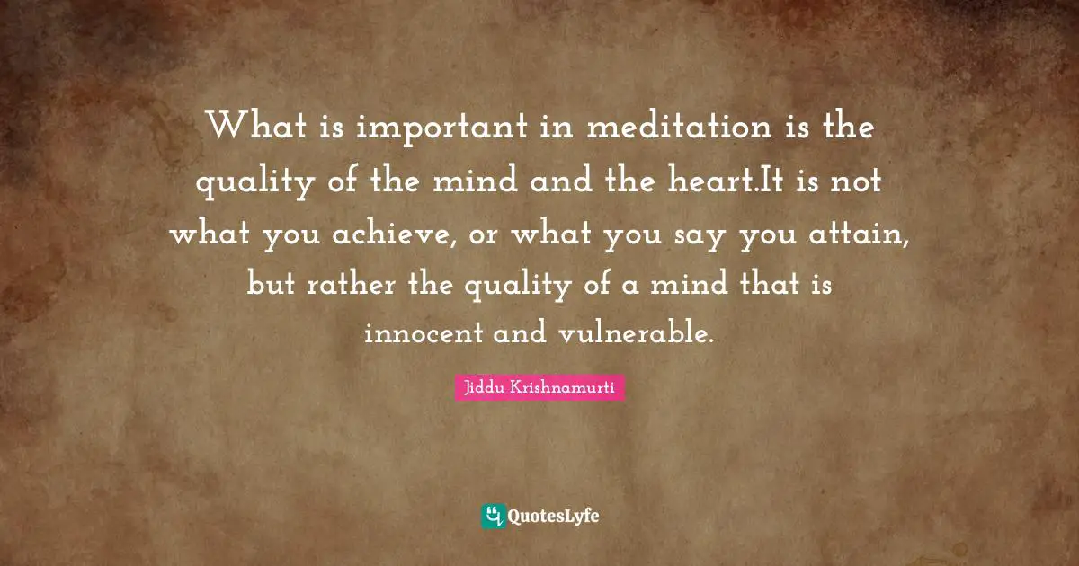 What is important in meditation is the quality of the mind and the heart.It is not what you achieve, or what you say you attain, but rather the quality of a mind that is innocent and vulnerable.