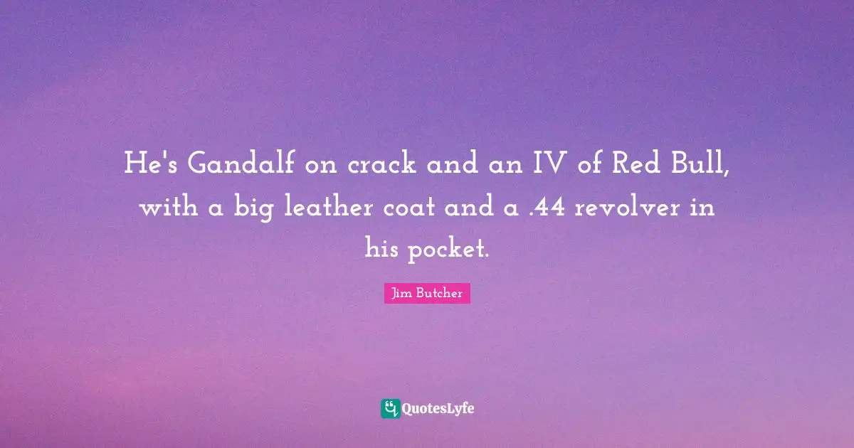 Pockets Quotes: "He's Gandalf on crack and an IV of Red Bull, with a big leather coat and a .44 revolver in his pocket."