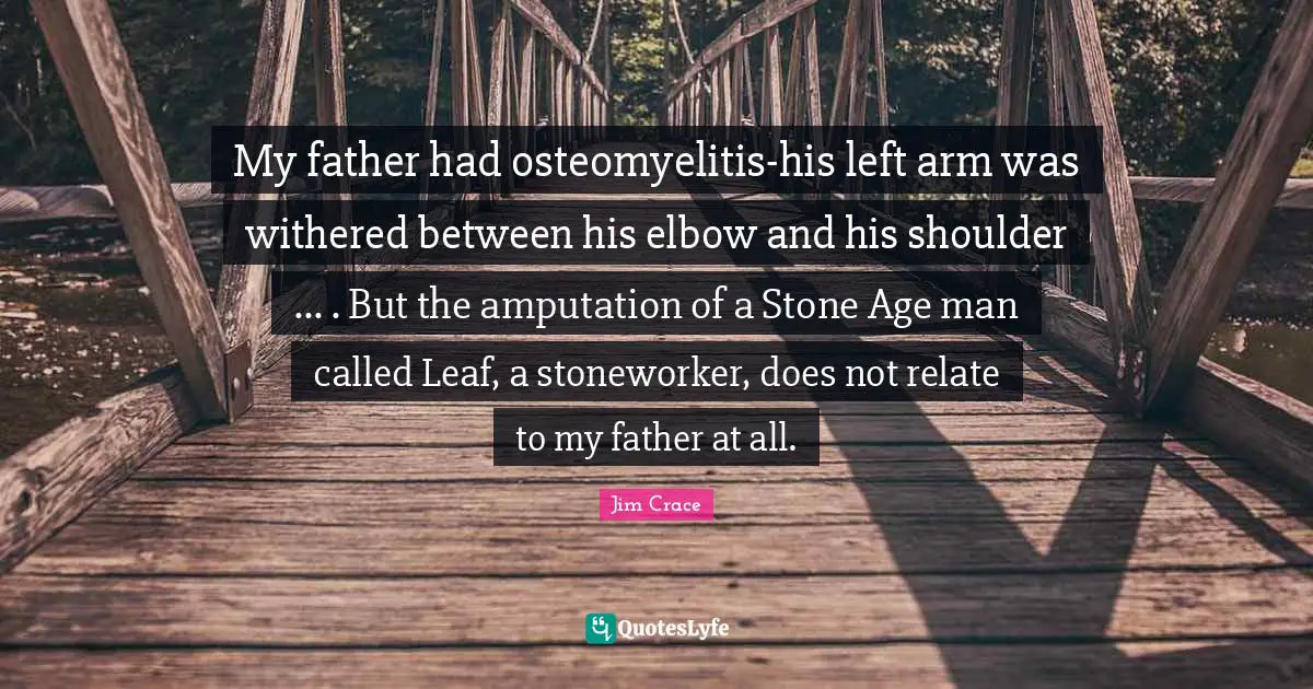 My father had osteomyelitis-his left arm was withered between his elbow and his shoulder ... . But the amputation of a Stone Age man called Leaf, a stoneworker, does not relate to my father at all.