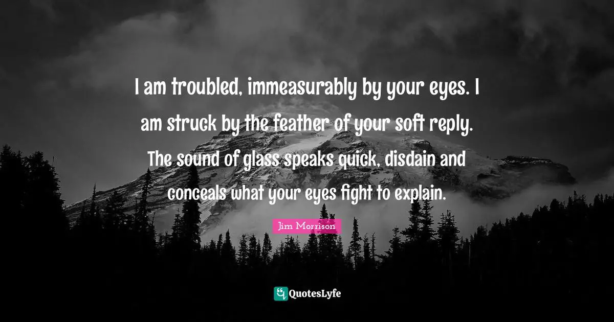 I am troubled, immeasurably by your eyes. I am struck by the feather of your soft reply. The sound of glass speaks quick, disdain and conceals what your eyes fight to explain.