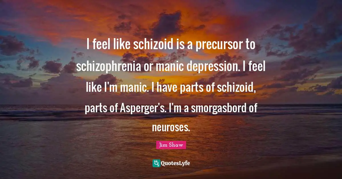 Neurosis Quotes: "I feel like schizoid is a precursor to schizophrenia or manic depression. I feel like I'm manic. I have parts of schizoid, parts of Asperger's. I'm a smorgasbord of neuroses."