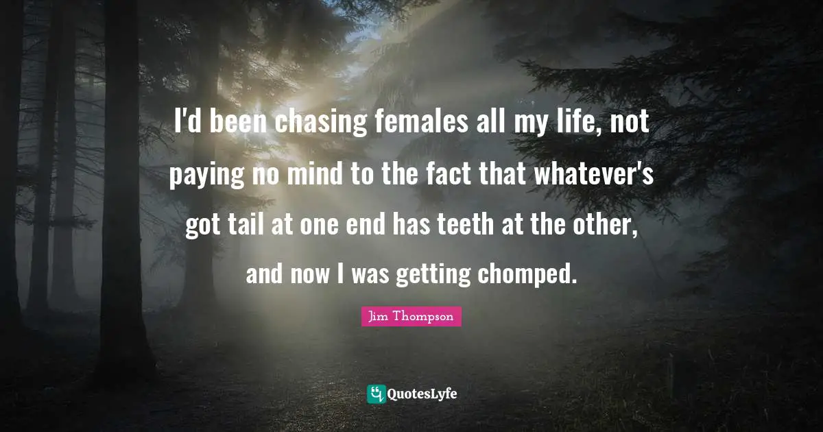 I'd been chasing females all my life, not paying no mind to the fact that whatever's got tail at one end has teeth at the other, and now I was getting chomped.