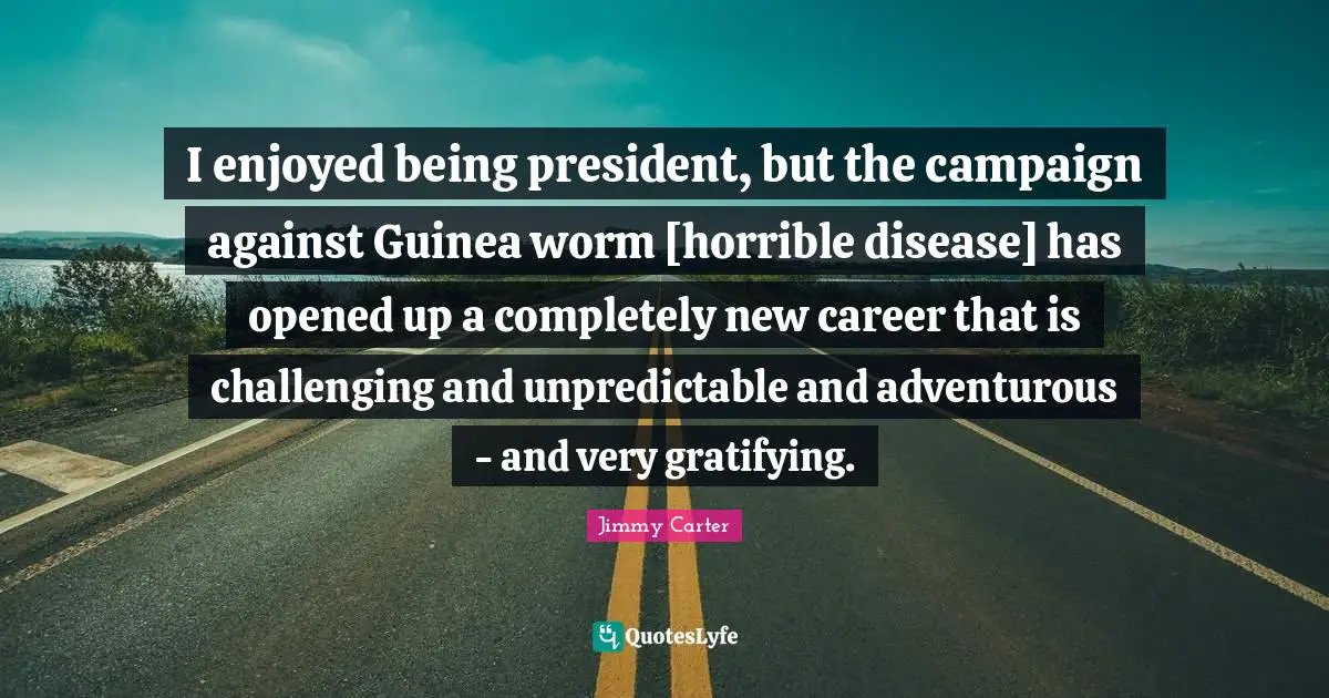 I enjoyed being president, but the campaign against Guinea worm [horrible disease] has opened up a completely new career that is challenging and unpredictable and adventurous - and very gratifying.