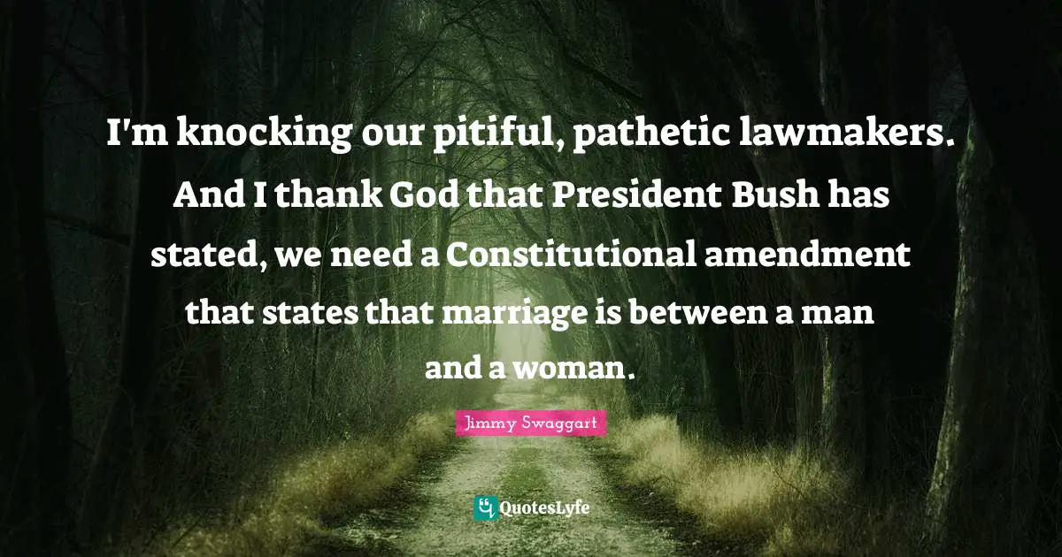 I'm knocking our pitiful, pathetic lawmakers. And I thank God that President Bush has stated, we need a Constitutional amendment that states that marriage is between a man and a woman.