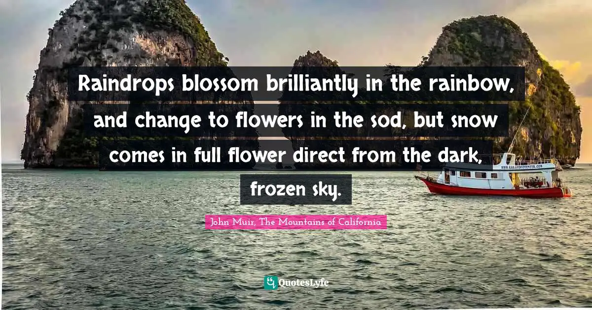 Raindrops blossom brilliantly in the rainbow, and change to flowers in the sod, but snow comes in full flower direct from the dark, frozen sky.