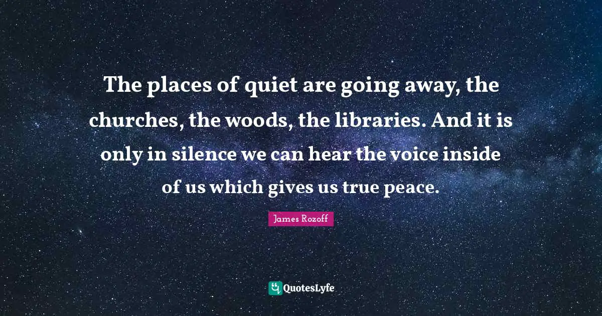 The places of quiet are going away, the churches, the woods, the libraries. And it is only in silence we can hear the voice inside of us which gives us true peace.