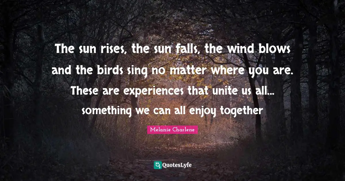 The sun rises, the sun falls, the wind blows and the birds sing no matter where you are. These are experiences that unite us all... something we can all enjoy together