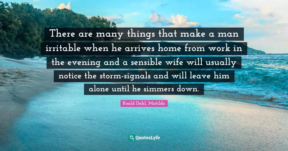 Roald Dahl, Matilda Quotes: "There are many things that make a man irritable when he arrives home from work in the evening and a sensible wife will usually notice the storm-signals and will leave him alone until he simmers down."