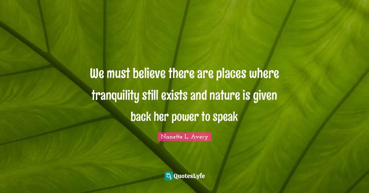Nanette L. Avery Quotes: "We must believe there are places where tranquility still exists and nature is given back her power to speak"