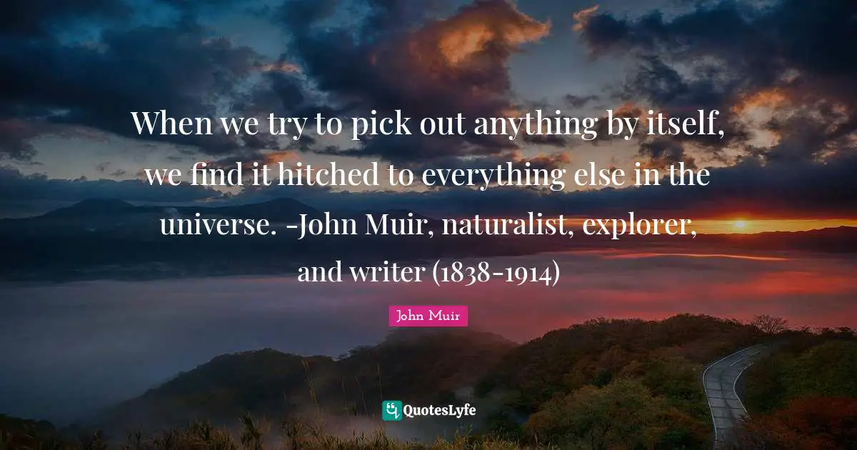 When we try to pick out anything by itself, we find it hitched to everything else in the universe. -John Muir, naturalist, explorer, and writer (1838-1914)