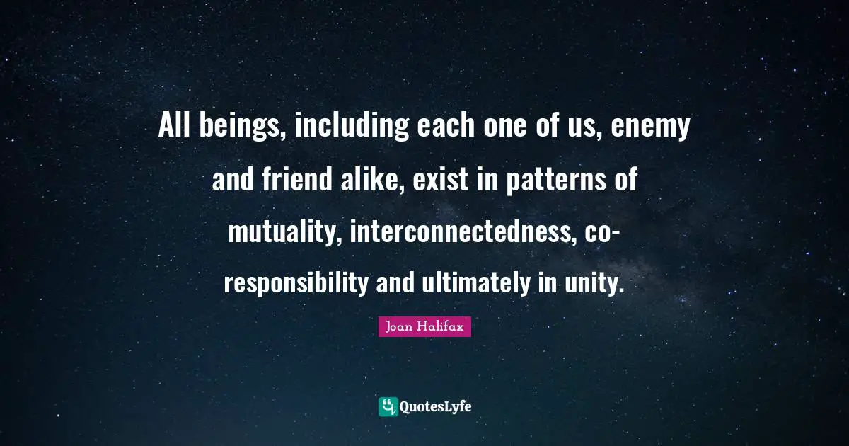 All beings, including each one of us, enemy and friend alike, exist in patterns of mutuality, interconnectedness, co-responsibility and ultimately in unity.