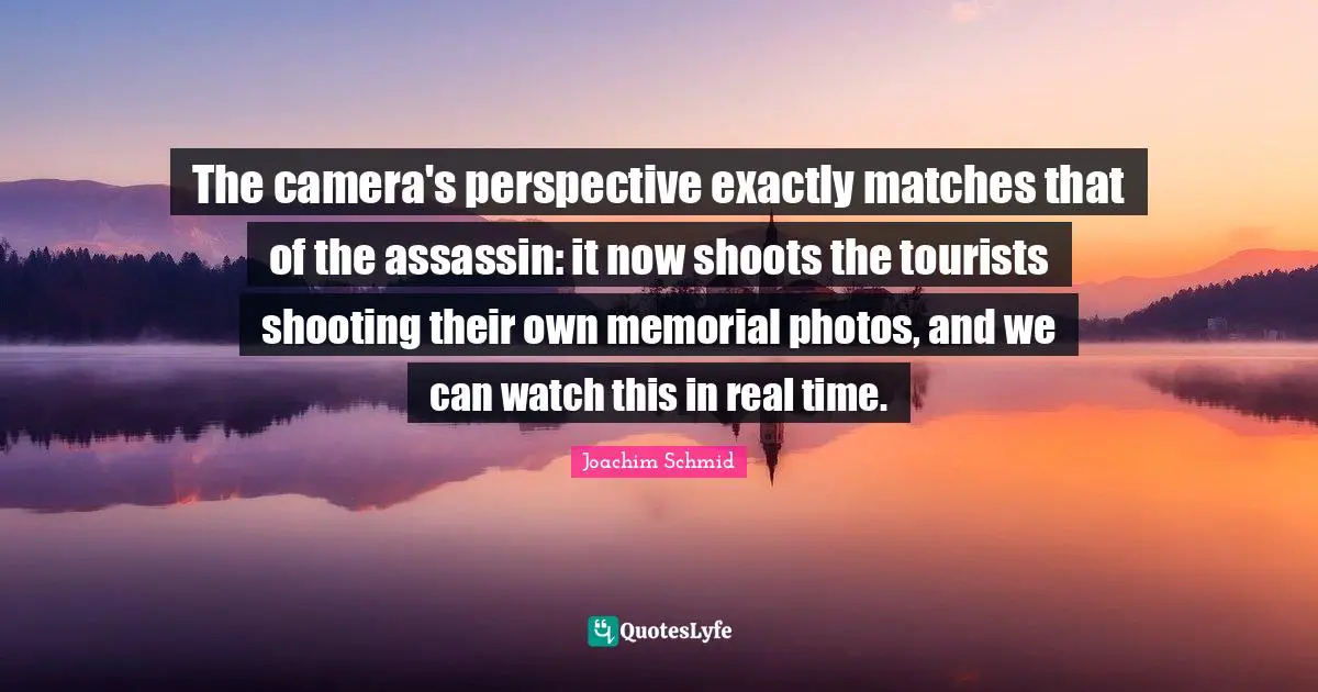 The camera's perspective exactly matches that of the assassin: it now shoots the tourists shooting their own memorial photos, and we can watch this in real time.