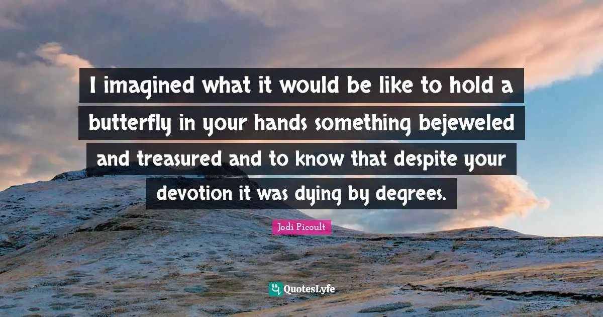 I imagined what it would be like to hold a butterfly in your hands something bejeweled and treasured and to know that despite your devotion it was dying by degrees.