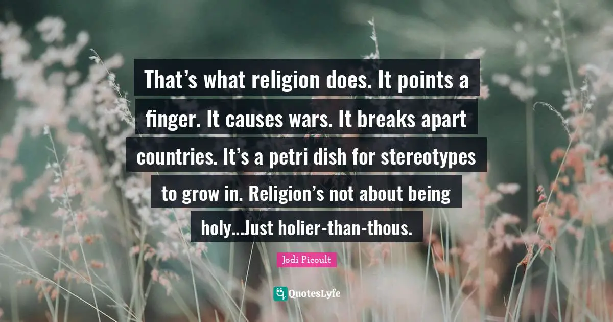 That’s what religion does. It points a finger. It causes wars. It breaks apart countries. It’s a petri dish for stereotypes to grow in. Religion’s not about being holy...Just holier-than-thous.