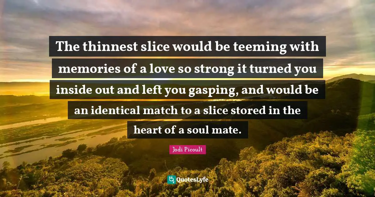 The thinnest slice would be teeming with memories of a love so strong it turned you inside out and left you gasping, and would be an identical match to a slice stored in the heart of a soul mate.